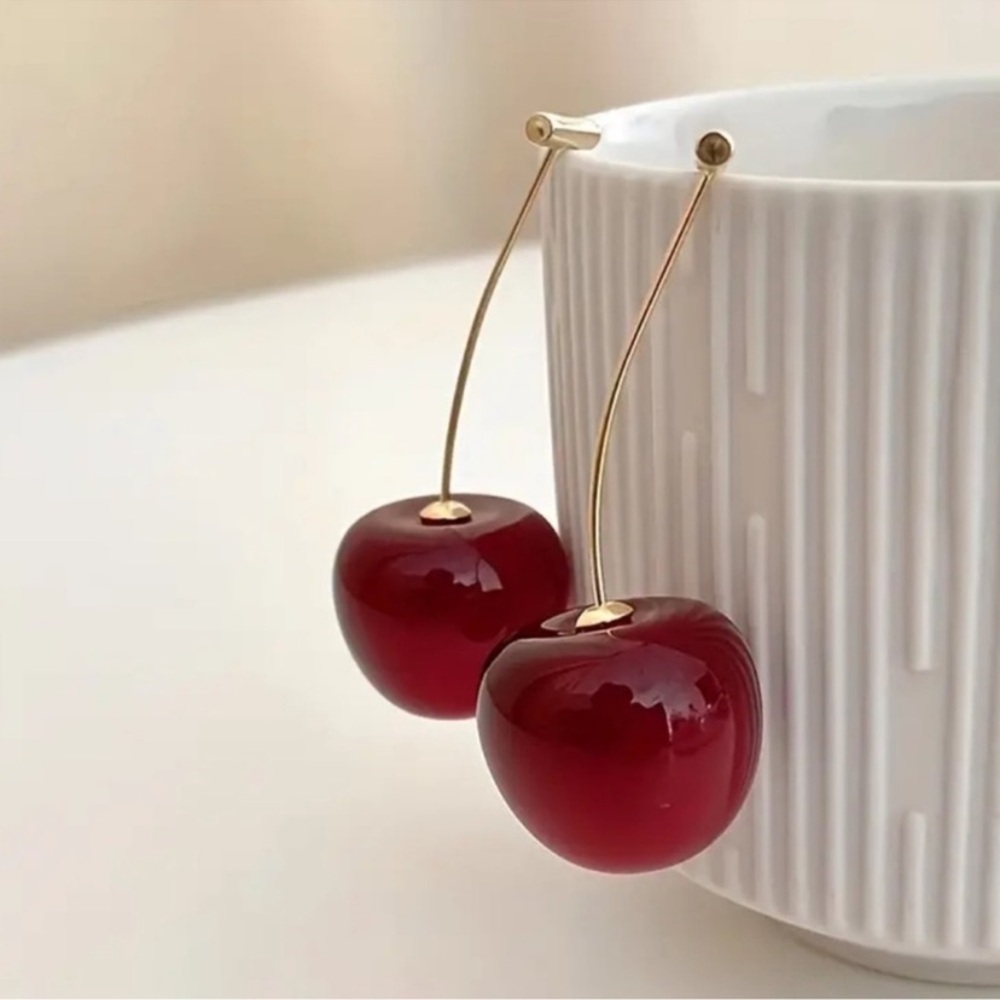 Anthropologie ๐ Dark Cherry Drop Wire Earrings Gold Stem 44.00 NEW - Picture 4 of 6